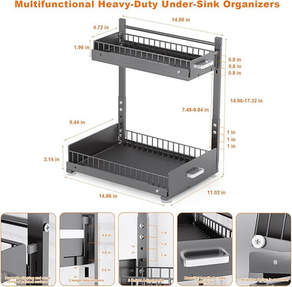 Under Sink Organizer,2 Tier Slide Out Kitchen Cabinet Organizers with Pulley,Under Bathroom Sink Pull Out Organizer with Mult