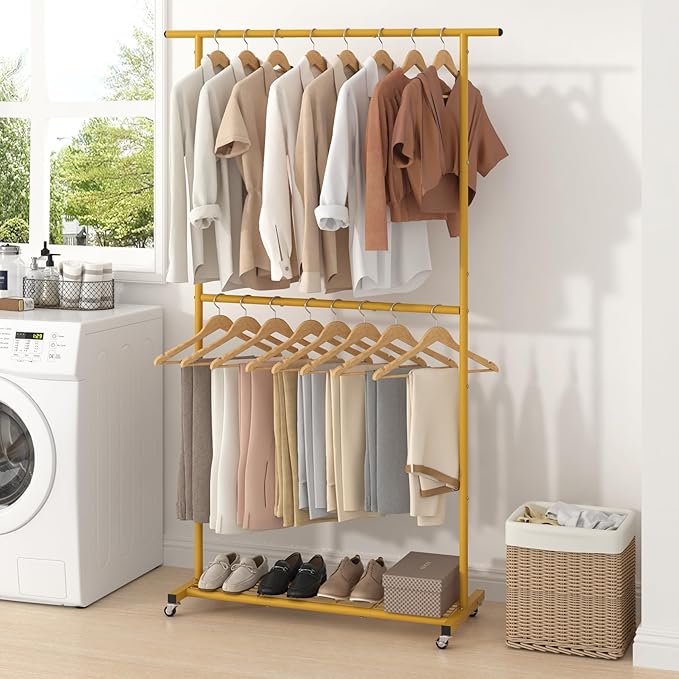Sywhitta Double Rod Clothing Garment Rack, Rolling Coat Hanger with Bottom Mesh, Clothing Rack for Hanging Clothes, Coats, Sk