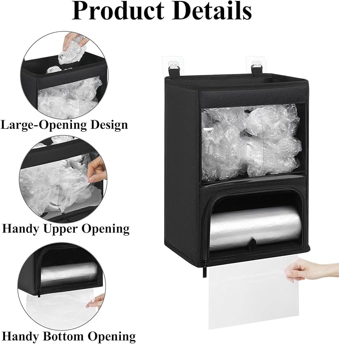 2-in-1 Plastic Bag Holder with Clear Window, Large Grocery Bag Holder and Trash Bag Dispenser with Easy-Access Openings, Plastic Bag Organizer for Kitchen RV Cabinet Wall Mounted (Black）