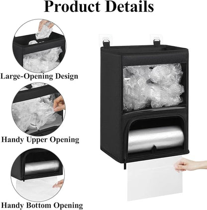 2-in-1 Plastic Bag Holder with Clear Window, Large Grocery Bag Holder and Trash Bag Dispenser with Easy-Access Openings, Plastic Bag Organizer for Kitchen RV Cabinet Wall Mounted (Black）
