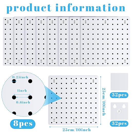 Nuanchu 8 Pack No Drill Pegboard Panels, 10x10 Inch White ABS Plastic Pegboard Wall Mount Organizer Kit for Garage Kitchen Of