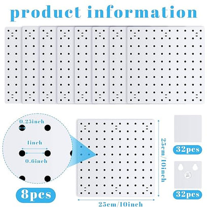 Nuanchu 8 Pack No Drill Pegboard Panels, 10x10 Inch White ABS Plastic Pegboard Wall Mount Organizer Kit for Garage Kitchen Of