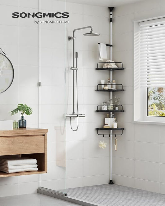 SONGMICS Corner Shower Caddy Tension Pole, 4-Tier Rust-Resistant Shower Organizer, Shower Shelf, Drill-Free, 35.8 to 118.1 In