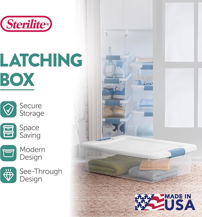 Sterilite 12-Pack Latching Box, Under Bed Storage Bins with Lids, Clear Plastic, 32 Quart - Heavy-Duty Organizing Containers 