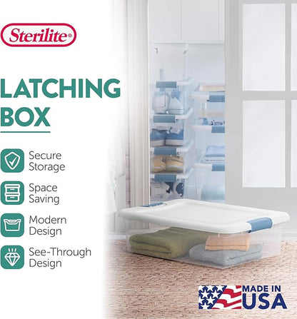 Sterilite 12-Pack Latching Box, Under Bed Storage Bins with Lids, Clear Plastic, 32 Quart - Heavy-Duty Organizing Containers 