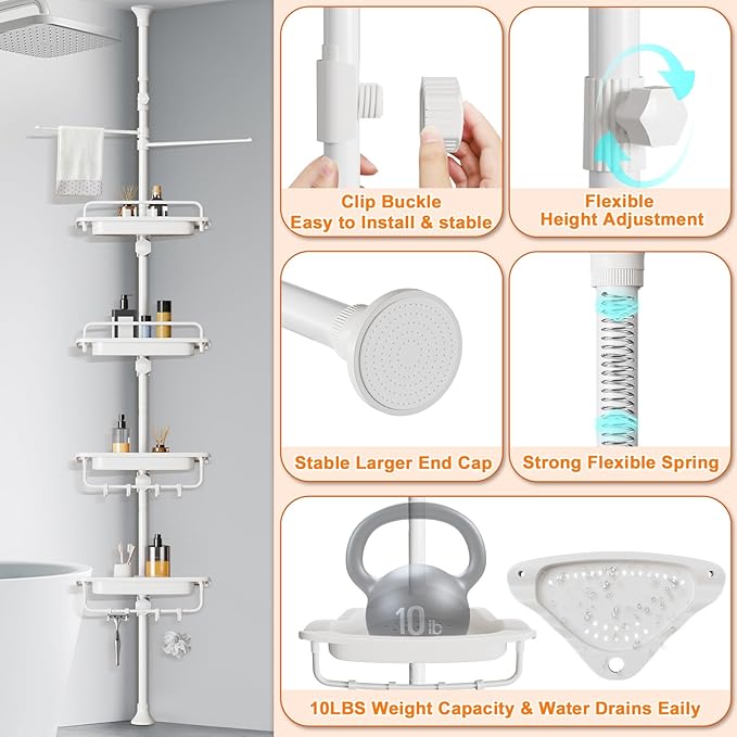 Upgrade Sturdy Shower Caddy Tension Pole Quick Installation Corner Shower Shelves 18/8 Stainless Steel Rustproof 4 Tier Adjus