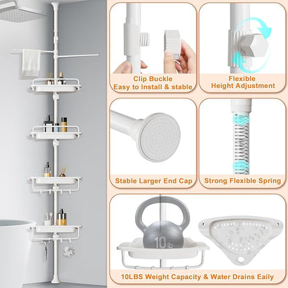 Upgrade Sturdy Shower Caddy Tension Pole Quick Installation Corner Shower Shelves 18/8 Stainless Steel Rustproof 4 Tier Adjus