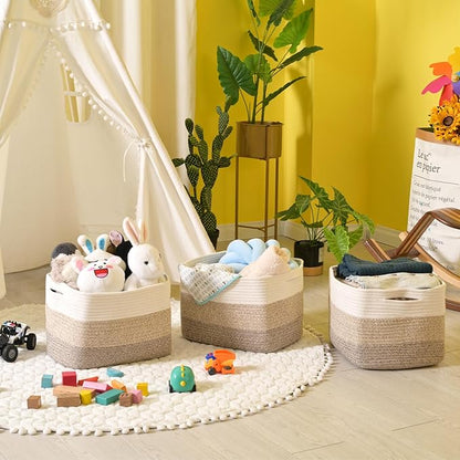 ICERZCZ Storage Baskets for Organizing Shelves, Woven Cotton Rope Bins for Baby Nursery Organization, Book Toy Towel Organize