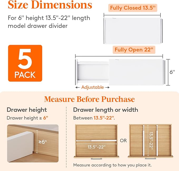 Lifewit 5 Pack 6" High Drawer Dividers 34-56cm/13.5-22" Adjustable Drawer Organizer for Clothes/Utensils, Expandable Drawer S