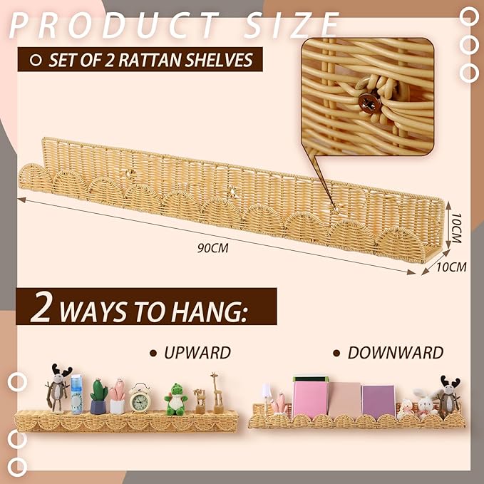 Pinkunn 4 Pcs Nursery Book Shelves 35.4 Inch Rattan Scalloped Floating Bookshelves Wicker Boho Book Shelf for Wall Mounted De