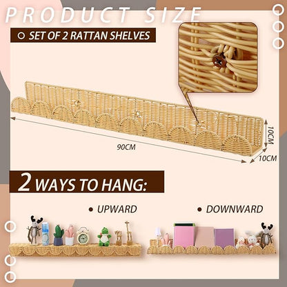 Pinkunn 4 Pcs Nursery Book Shelves 35.4 Inch Rattan Scalloped Floating Bookshelves Wicker Boho Book Shelf for Wall Mounted De