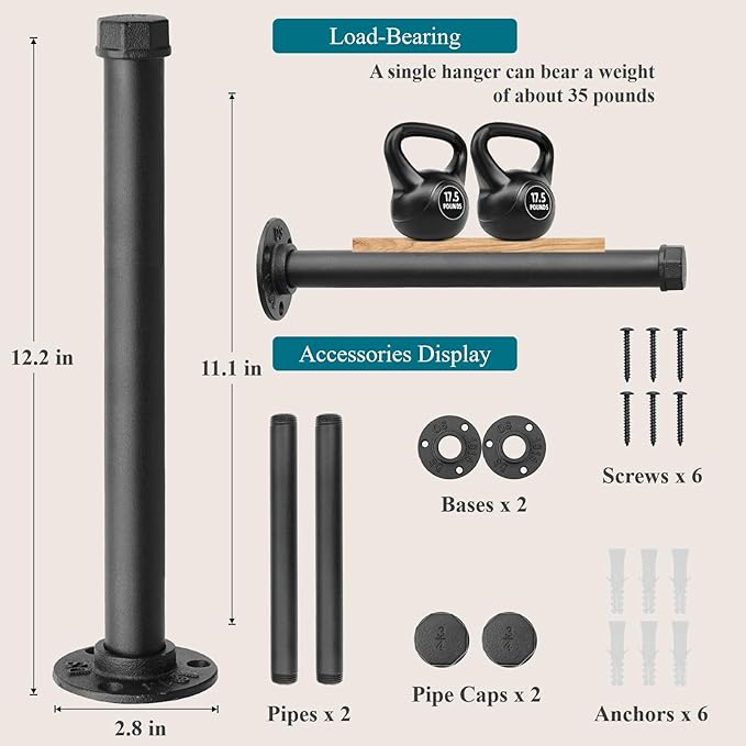 Cast Iron Wall Mounted Clothes Rack, Heavy Duty Industrial Pipe Clothing Rack for Hanging Clothes, Garment Racks for Wardrobe