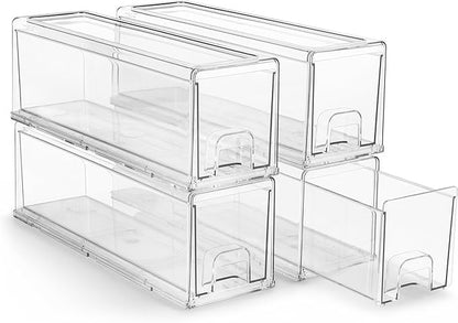 Sorbus Small Clear Stackable Storage Drawers – 4-Pack Plastic Organizer Bins with Handles – Stackable Pull-Out Storage Drawer