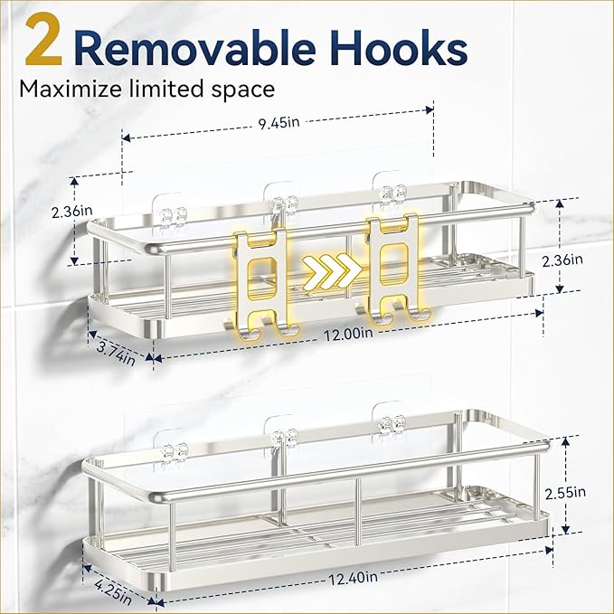 YASONIC Shower Caddy Adhesive, No Drill Bathroom Shower Organizers, with Removable Hooks, Rust Proof Shower Shelves, Wall-Mou