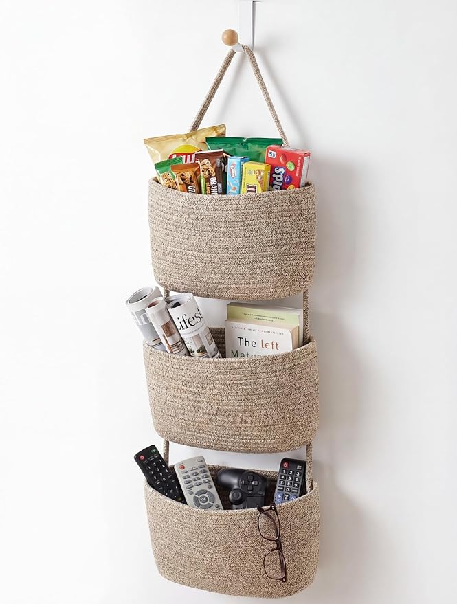 Over the Door Hanging Basket for Organizing 3 Tiers Woven Cotton Rope Wall Mount Storage basket Decorative Kitchen Hanging Or