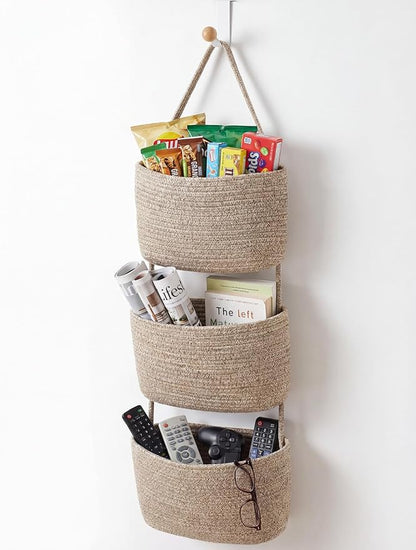 Over the Door Hanging Basket for Organizing 3 Tiers Woven Cotton Rope Wall Mount Storage basket Decorative Kitchen Hanging Or