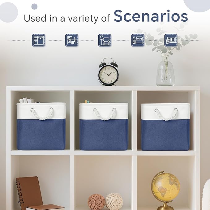 FinishingBo Cube Storage Baskets, 6 Pack 11x11 inch with Cotton Handles for Closet, Shelves, Clothes, Towel (White/Navy Blue)