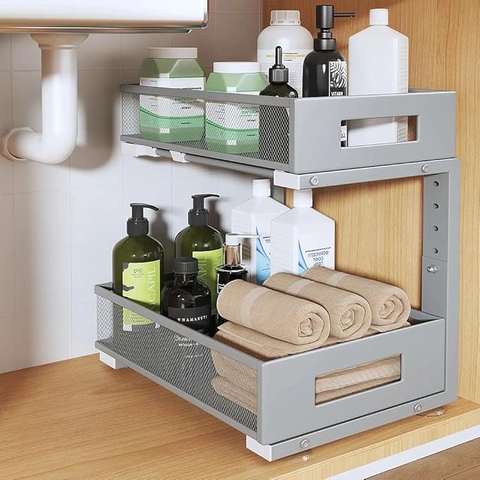 Under Sink Organizer, 2-Tier Dual Pull Out Cabinet Organizer Drawers With Smooth Circular Rail,Large Capacity Metal Mesh Slid