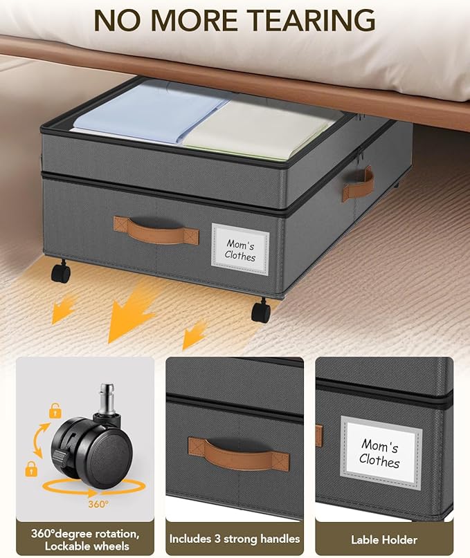Under Bed Storage with Wheels, 10 inches Under Bed Storage Containers, 65L XXL Large Adjustable Underbed with Lids, Rolling U