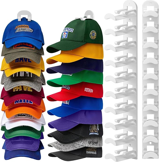 Hat Hook for Wall, 2 Pack Hat Organizer Hold up to 20 Hats,Hat Holder with Strong Adhesive and 8 Pack Screws, Cap Holder Hat 