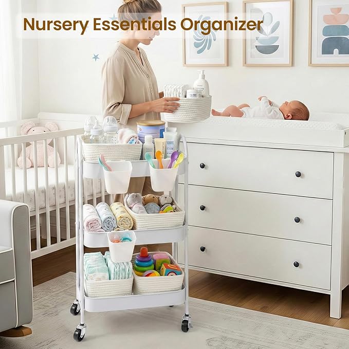 3-Tier Rolling Utility Cart with 4 Woven Baskets, Diaper Book Snack Cart, Storage Organizer for Nursery, Kitchen, Craft Room,