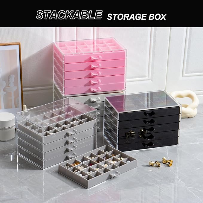 YUFONG Earring Storage Box Organizer, Acrylic Jewelry Storage Box Holder 5 Drawers Transparent Jewelry Display Stand with 120