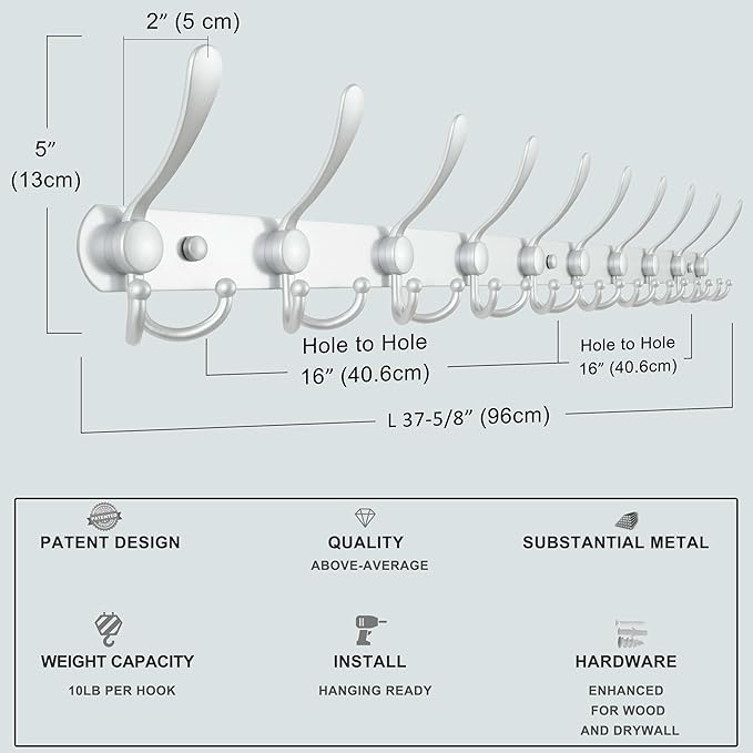 Dseap Coat Rack Wall Mount - 29.5” Long 8-Tri-Hooks Heavy Duty Coat Hanger Rail Wall Hooks for Hanging Coats Hats Clothing Cl