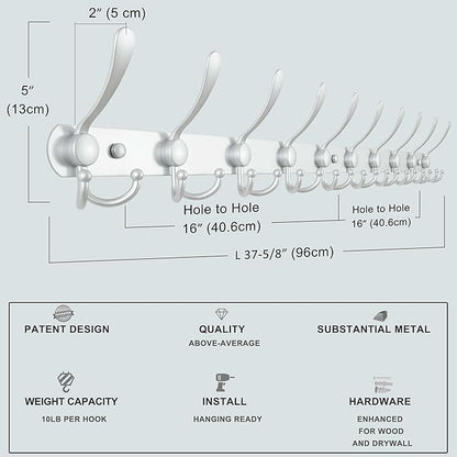 Dseap Coat Rack Wall Mount - 29.5” Long 8-Tri-Hooks Heavy Duty Coat Hanger Rail Wall Hooks for Hanging Coats Hats Clothing Cl