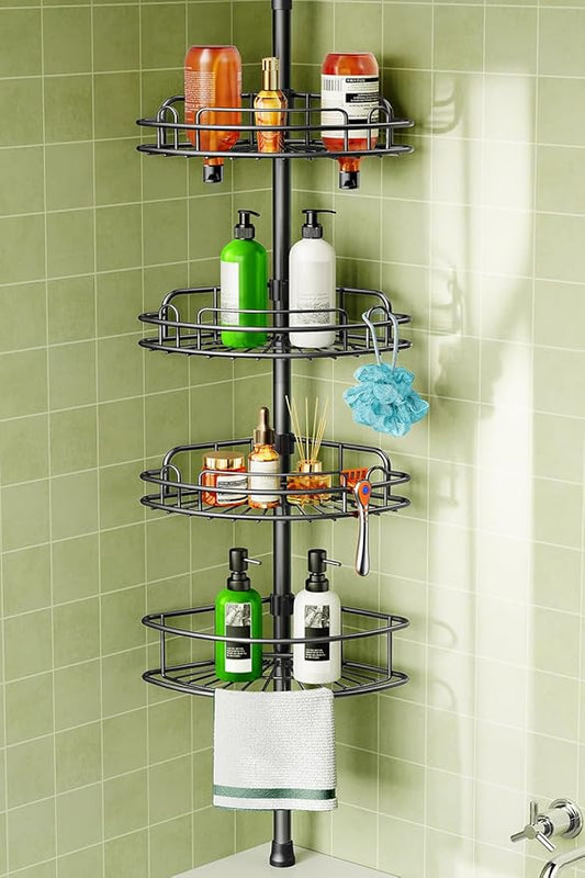 HAMITOR Corner Shower Caddy Tension Pole: 4-Tier Rust-Resistant Adjustable Bathroom Organizer Shelves - 47-121 Inch No-Drill 