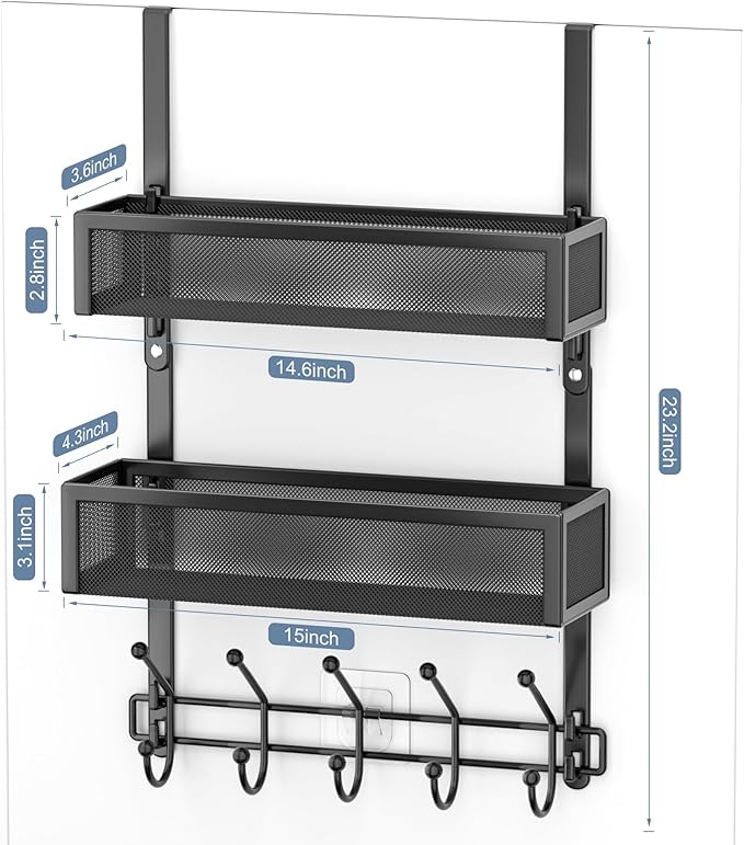 Adjustable Over The Door Hooks Organizer, Door Hanger Coat Rack with 2 Mesh Baskets and 10 Hooks, Back of Door Storage Organi