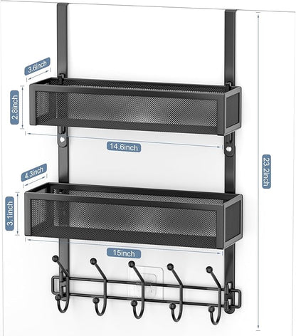 Adjustable Over The Door Hooks Organizer, Door Hanger Coat Rack with 2 Mesh Baskets and 10 Hooks, Back of Door Storage Organi