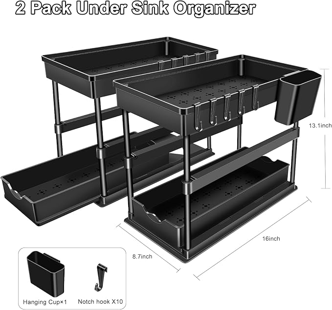 JPart Under Sink Organizer, Kitchen Organizers and Storage, 2-Tier Bathroom Cabinet Organizer with Sliding Drawers, Thickened