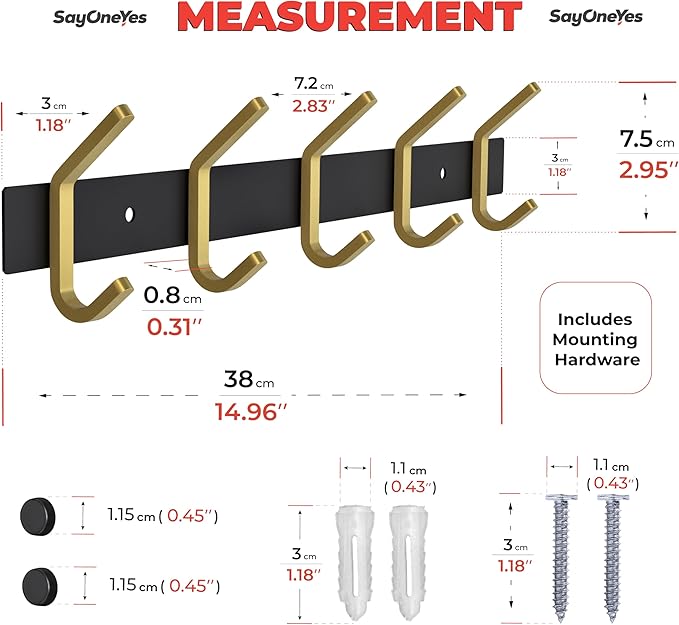 Coat Rack Wall Mount – Black and Gold Hook Rail with 5 Double Coat Hooks, 15 Inch Stainless Steel Wall Hooks for Entryway, Ba