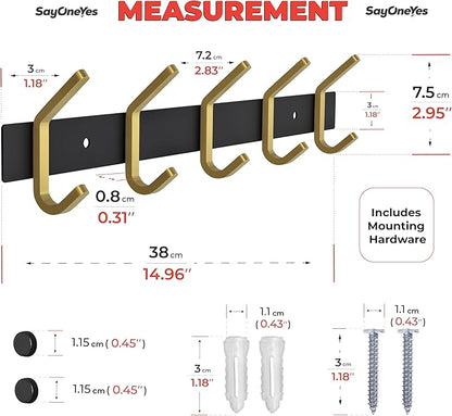 Coat Rack Wall Mount – Black and Gold Hook Rail with 5 Double Coat Hooks, 15 Inch Stainless Steel Wall Hooks for Entryway, Ba