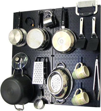 Wall Control Kitchen Pegboard Organizer Pots and Pans Pegboard Pack Storage and Organization Kit with Black Wall Board and Bl