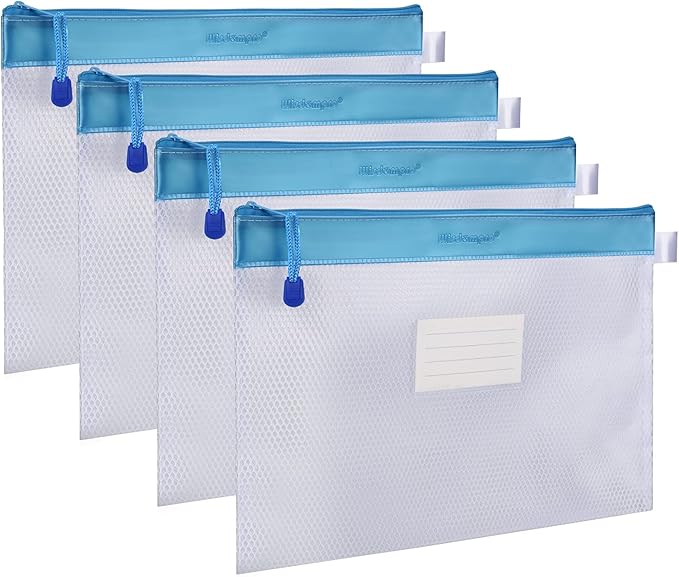 Wisdompro Zipper Pouch, 4 Packs Durable Letter Size Waterproof Mesh File Bag, Document Organizer - Blue