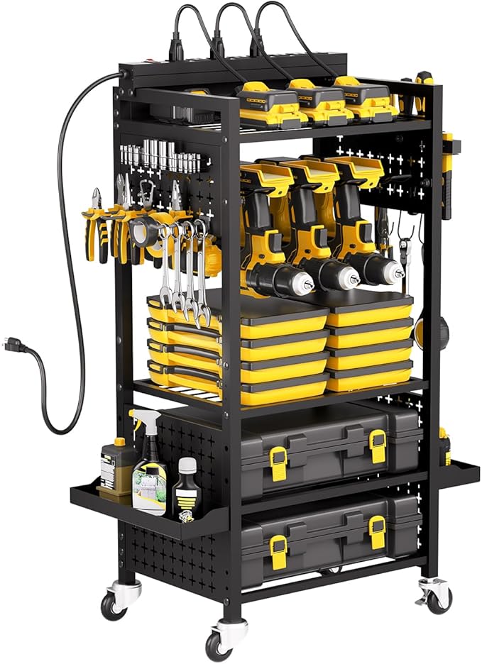 VEVOR 5-Tier Tool Organizer Cart with Charging Station, 8 AC Outlet, Floor Stand Rolling Drill Holder and Tool Battery Storag