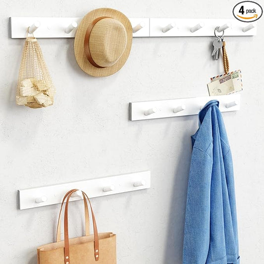 Forbena White Coat Hooks Wall Mount for Hanging 4 Pack, 16 Inch Wood Entryway Coat Rack Wall Mounted Heavy Duty, Modern Large