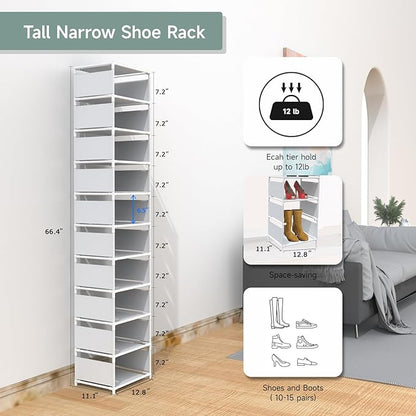 10 Tier Vertical Shoe Rack - White Narrow Shoe Rack for Closet & Entryway, Space Saving Tall Shoe Organizer for Small Spaces,