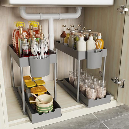 2 Pack Under Sink Organizers and Storage, 2-Tier Sliding Cabinet Organizer Drawer for Bathroom and Kitchen – Multi-Purpose Ca