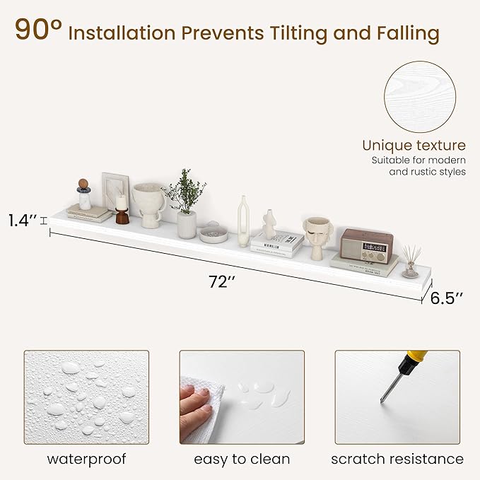 Dreamland 72Inch Floating Shelves for Wall, Rustic Wooden White Floating Shelves for Living Room, Kitchen, Farmhouse, Deep Wa