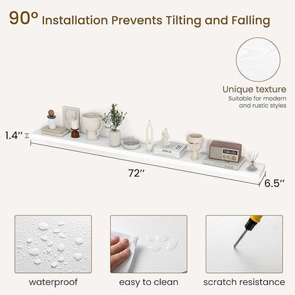 Dreamland 72Inch Floating Shelves for Wall, Rustic Wooden White Floating Shelves for Living Room, Kitchen, Farmhouse, Deep Wa