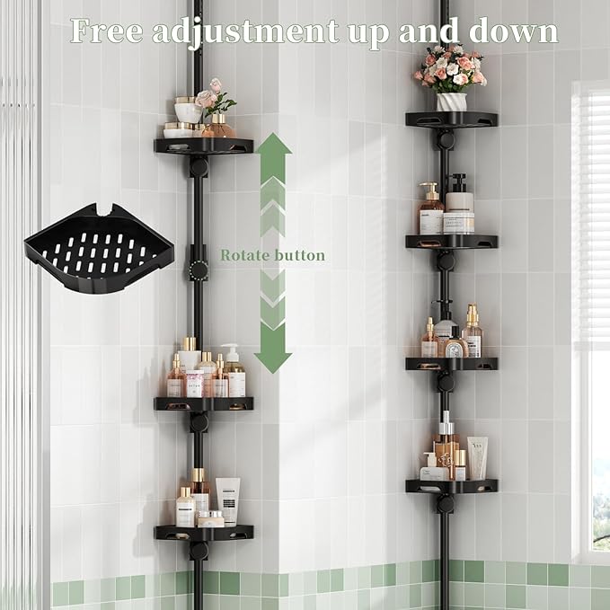 Tension Pole Shower Caddy Organizer with4 Tier L-Shaped Rust Resistant Bathroom Corner Shelves with 34-124 Inch Adjustable No