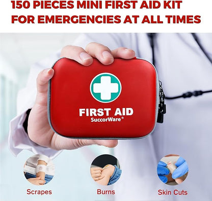 150 Pieces Mini First Aid Kit - Small Medical Kit with Hard Shell - Emergency First Aid Kit for Car, Travel, Home, Outdoor, O