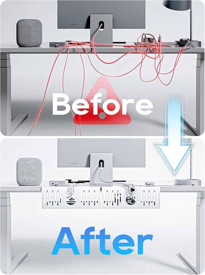 NODOCA No Drill Under Desk Cable Management Tray, 14'' Wire Management, Punch-Free Clamp on, Metal Cable Tray, Wire Organizer