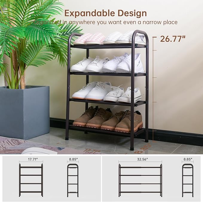 Gonfoam 4-Tier Expandable Shoe Rack,Adjustable Shoe Shelf Storage Organizer Heavy Duty Metal Free Standing Shoe Rack for Entr