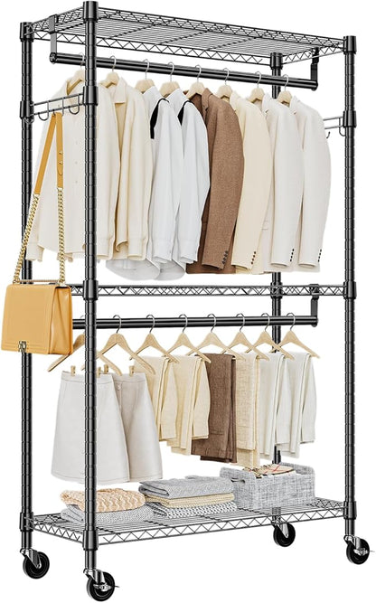 M MZG Heavy Duty Rolling Garment Rack 3 Tiers Adjustable Wire Shelving Clothes Rack with 2 Rods and Side Hooks,Storage Closet