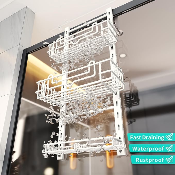 HapiRm 3 Tier Over the Door Shower Caddy, Hanging Shower Caddy with 16 Hooks and 2 Soap Holders, No Drilling Adjustable Hangi