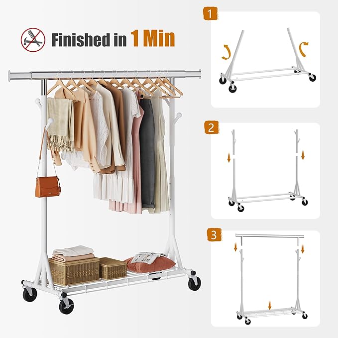 Gewudraw Heavy Duty Clothes Rack, 530 lbs Load Capacity Metal Garment Rack on Wheels - Collapsible Adjustable Portable Storag