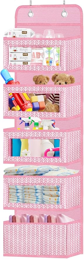 VERONLY Over The Door Hanging Organizer with 5 Large Pockets - Wall Mount Pantry Storage with 2 Big Metal Hooks for Baby Girl